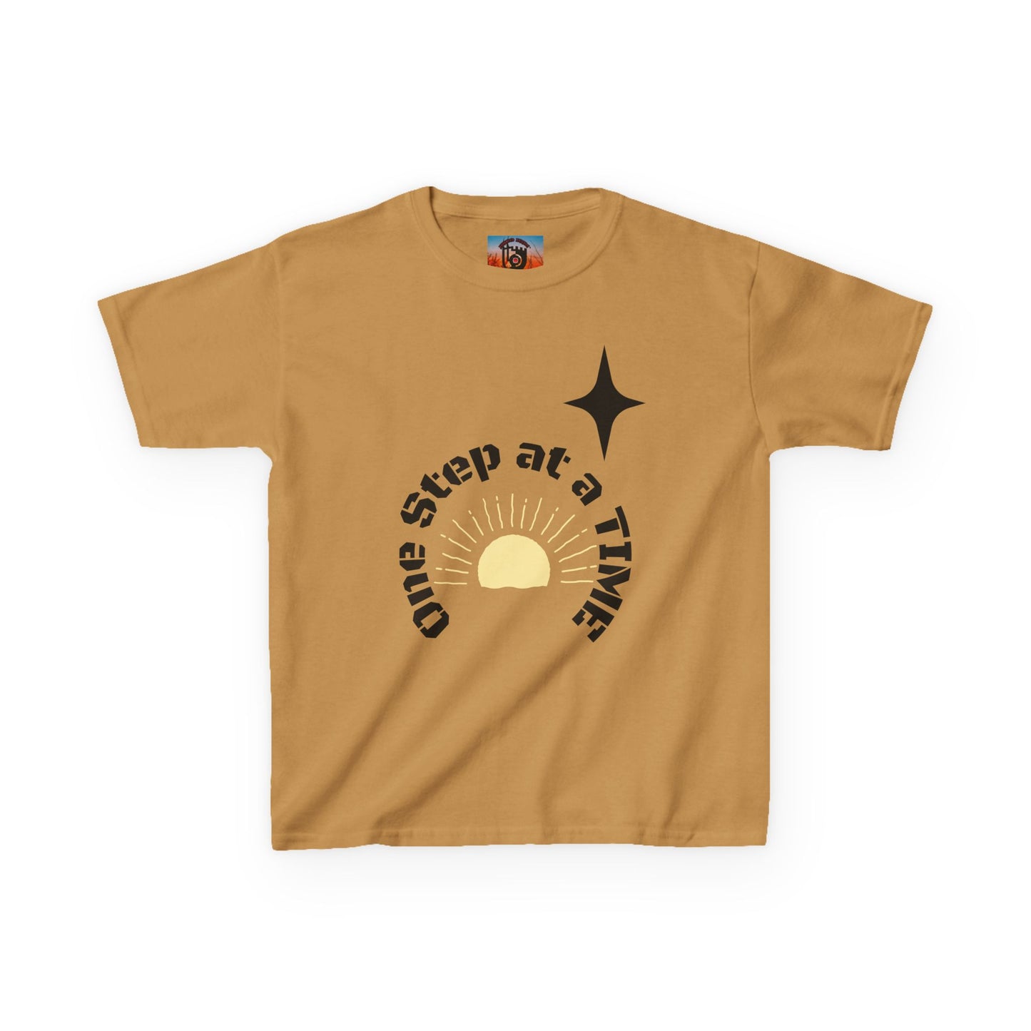 Kids Tee — “One Step at a Time” Sunrise Graphic (Positive Motivational Kids Shirt)