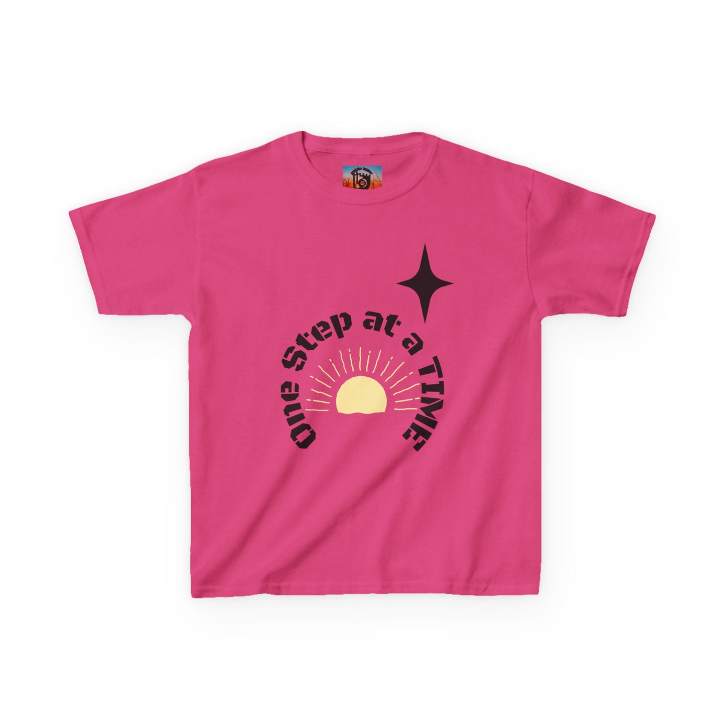 Kids Tee — “One Step at a Time” Sunrise Graphic (Positive Motivational Kids Shirt)