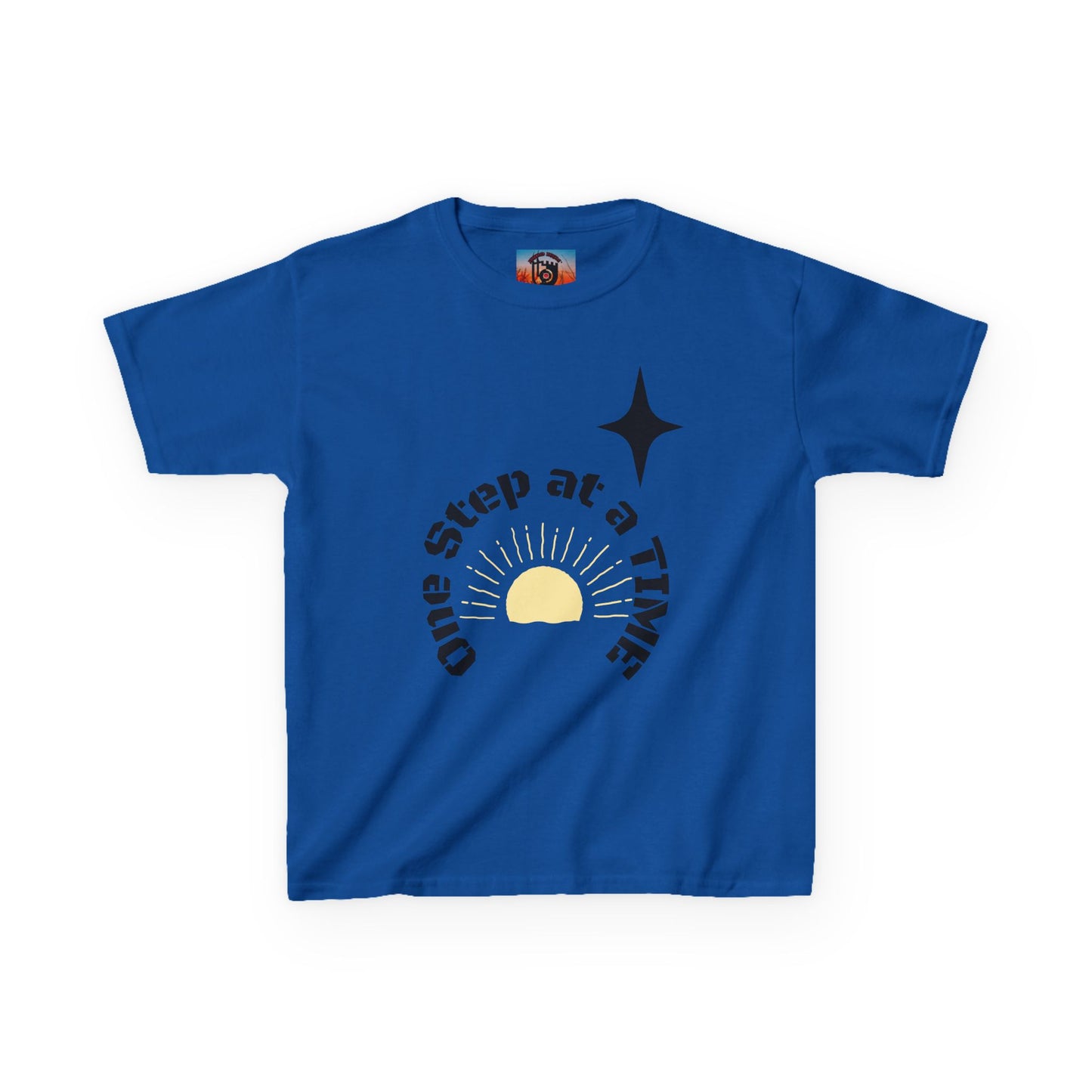 Kids Tee — “One Step at a Time” Sunrise Graphic (Positive Motivational Kids Shirt)