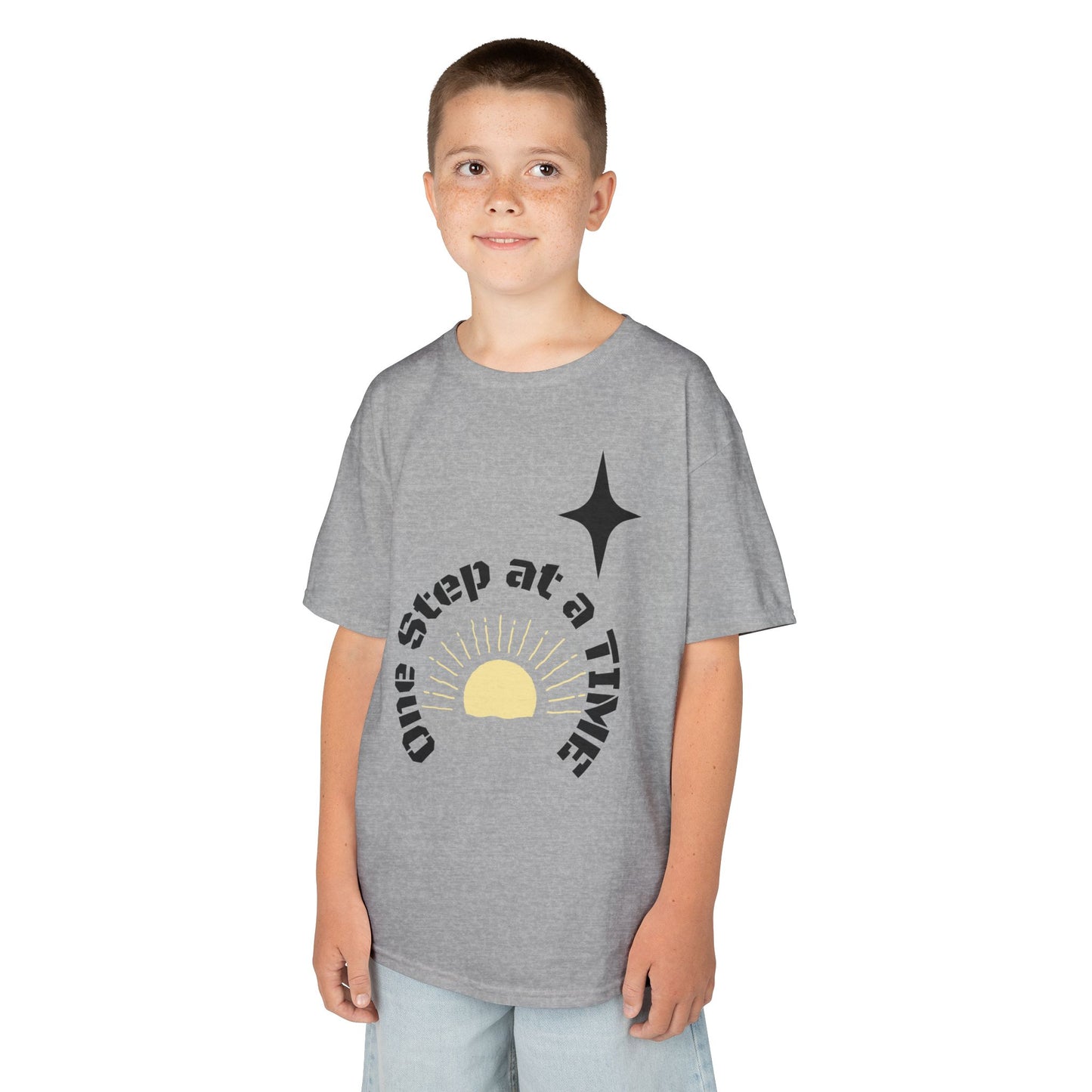 Kids Tee — “One Step at a Time” Sunrise Graphic (Positive Motivational Kids Shirt)