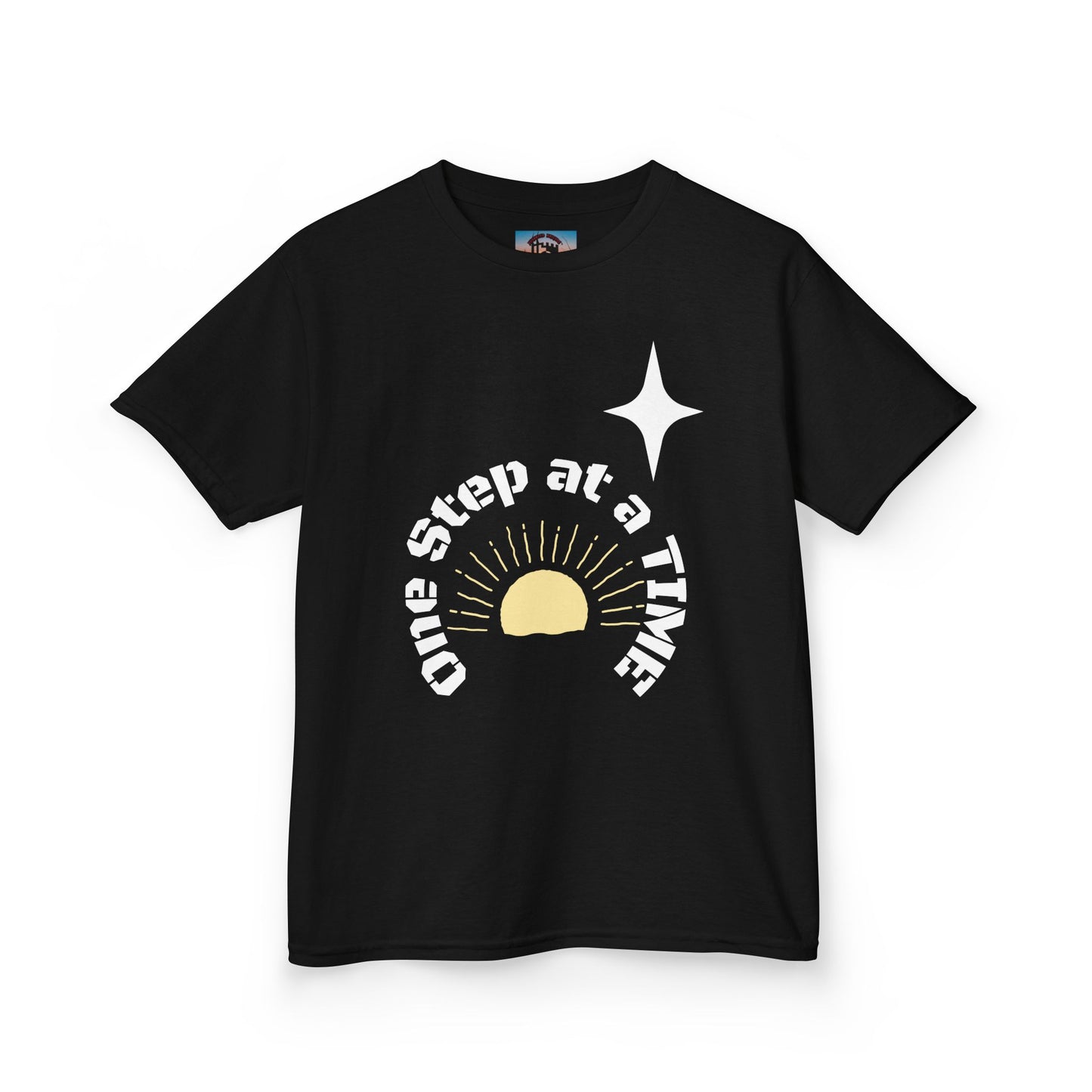 Kids Tee — “One Step at a Time” Sunrise Graphic (Positive Motivational Kids Shirt)