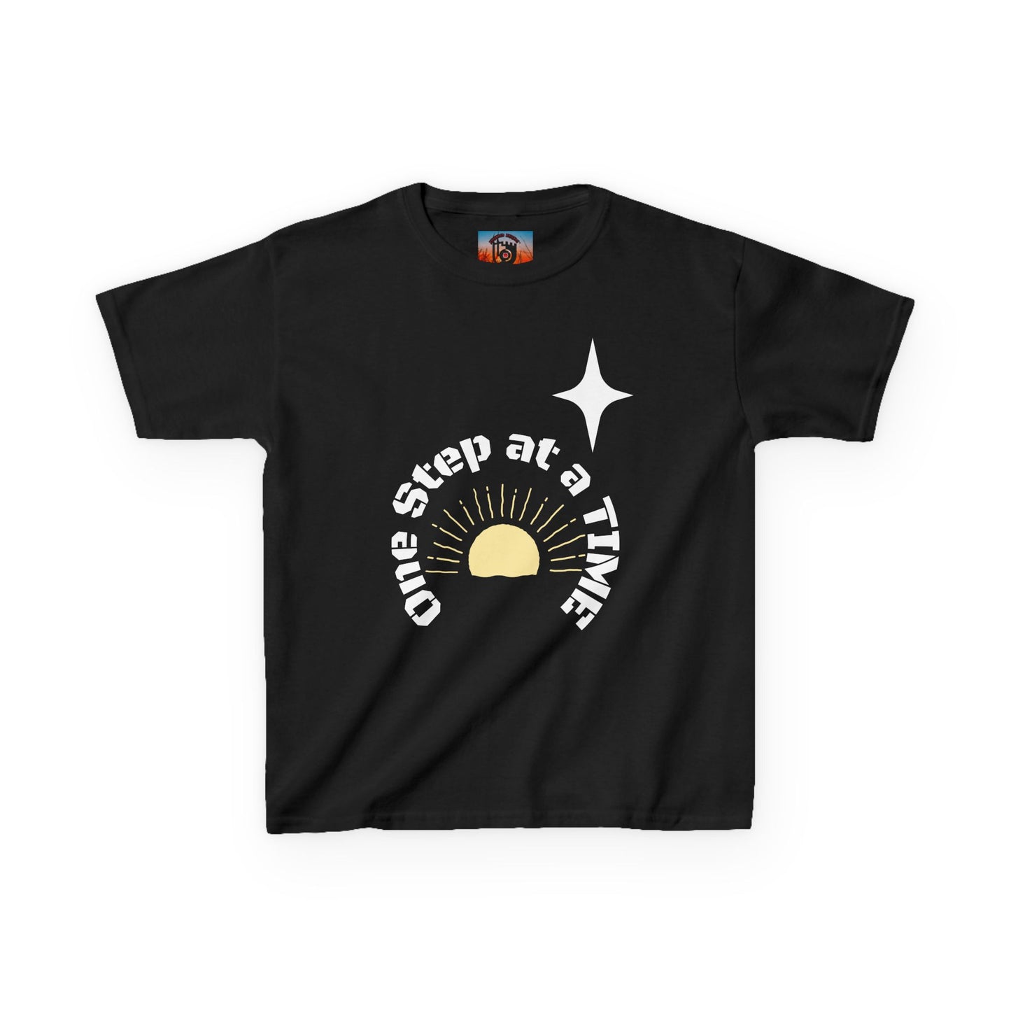 Kids Tee — “One Step at a Time” Sunrise Graphic (Positive Motivational Kids Shirt)