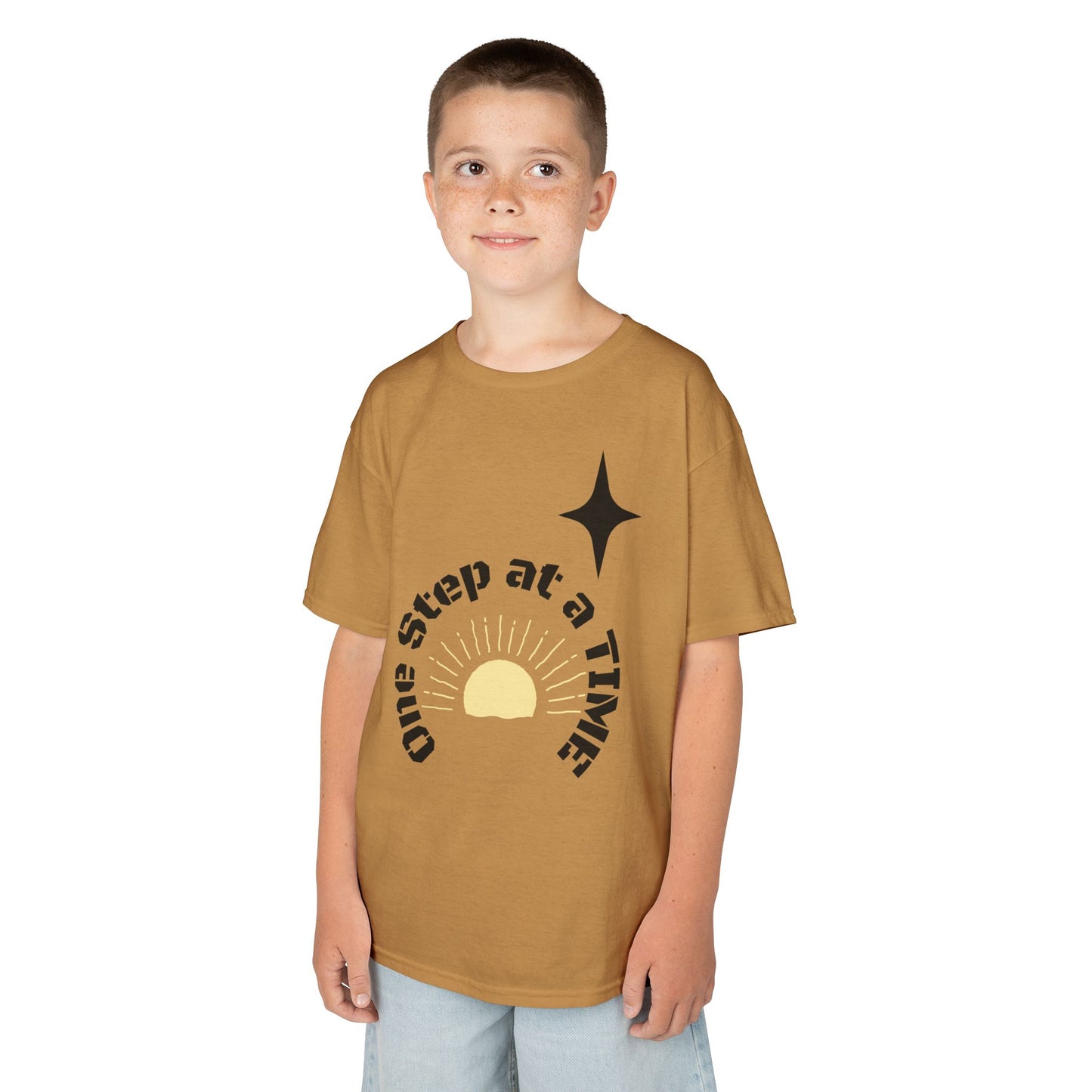 Kids Tee — “One Step at a Time” Sunrise Graphic (Positive Motivational Kids Shirt)