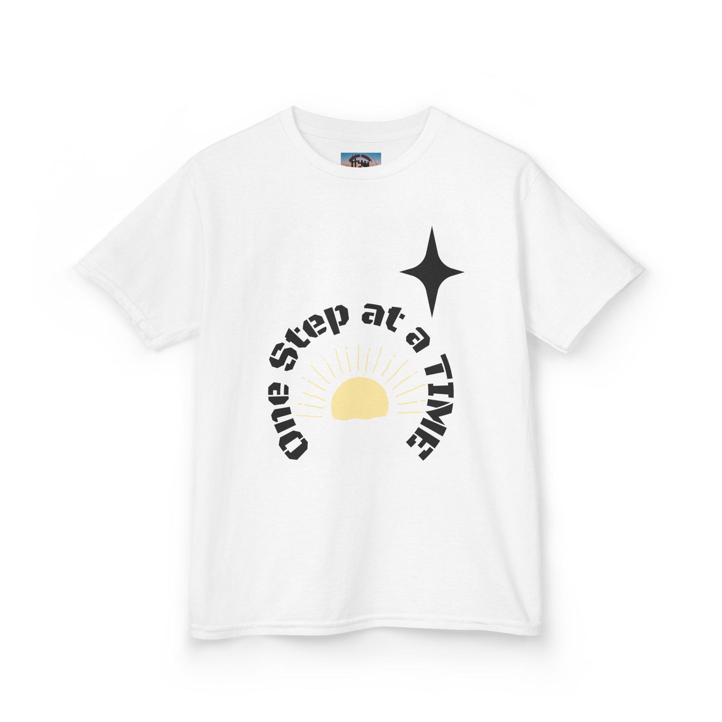 Kids Tee — “One Step at a Time” Sunrise Graphic (Positive Motivational Kids Shirt)