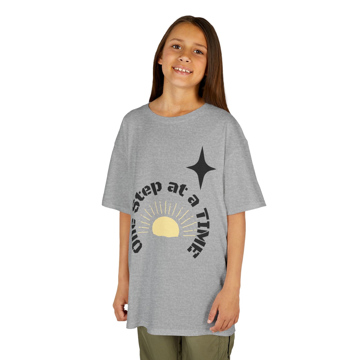 Kids Tee — “One Step at a Time” Sunrise Graphic (Positive Motivational Kids Shirt)
