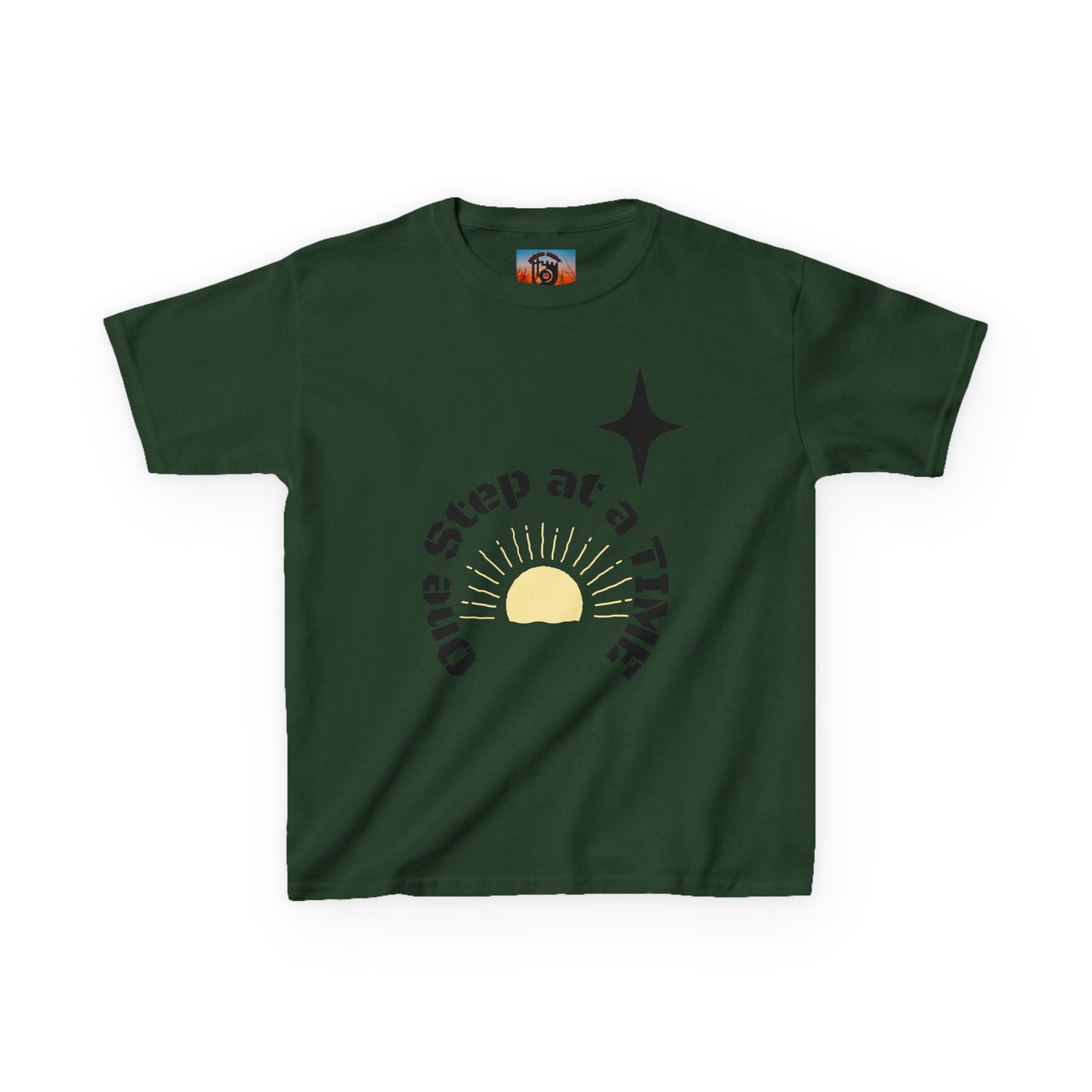 Kids Tee — “One Step at a Time” Sunrise Graphic (Positive Motivational Kids Shirt)