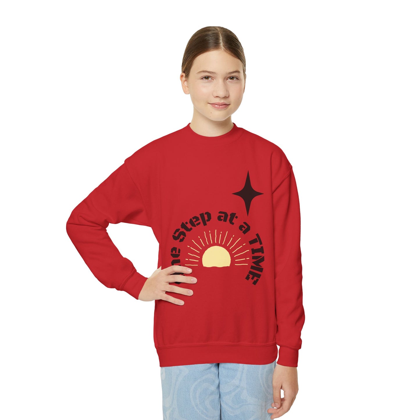 Youth Crewneck Sweatshirt — "One Step at a Time" Sunrise Graphic