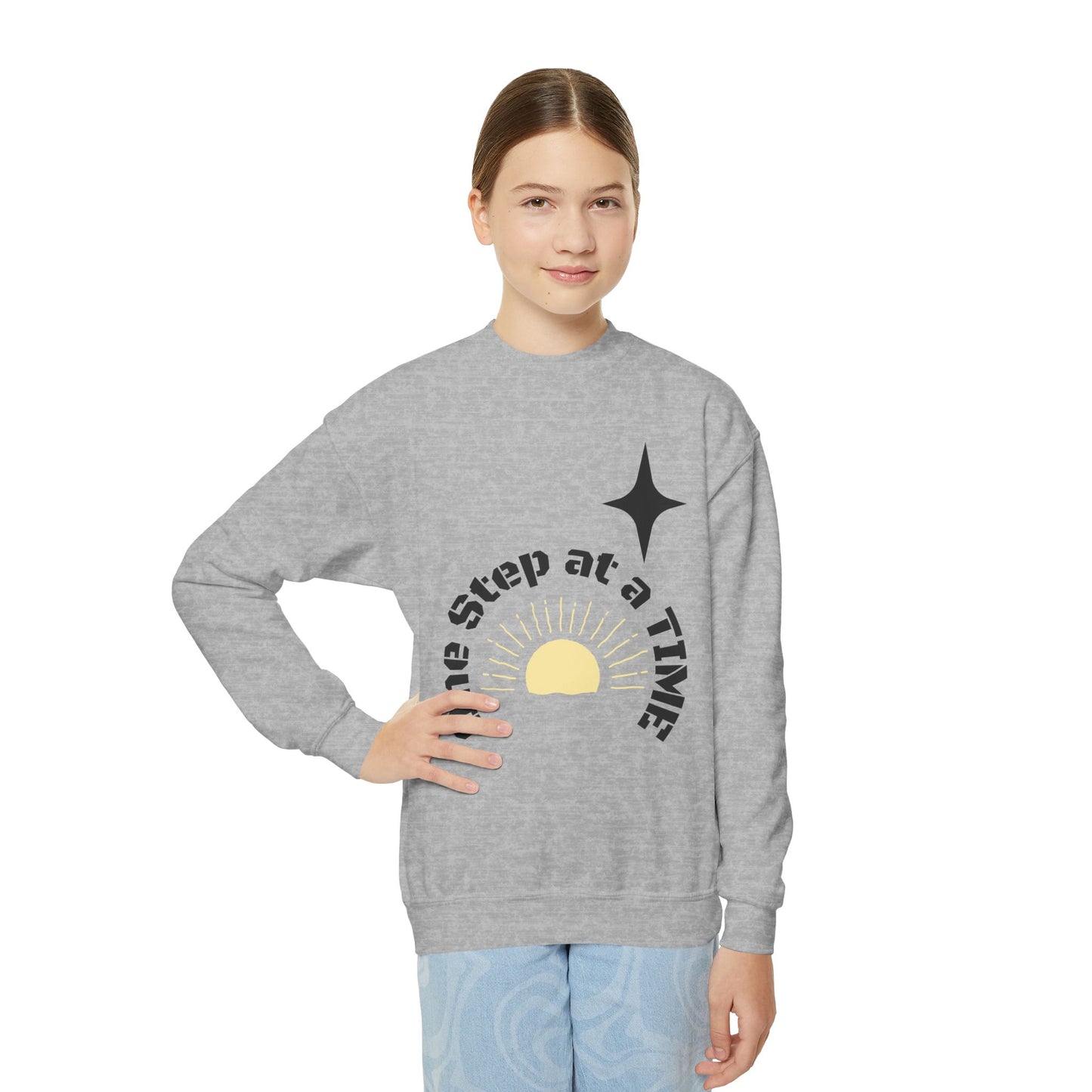 Youth Crewneck Sweatshirt — "One Step at a Time" Sunrise Graphic