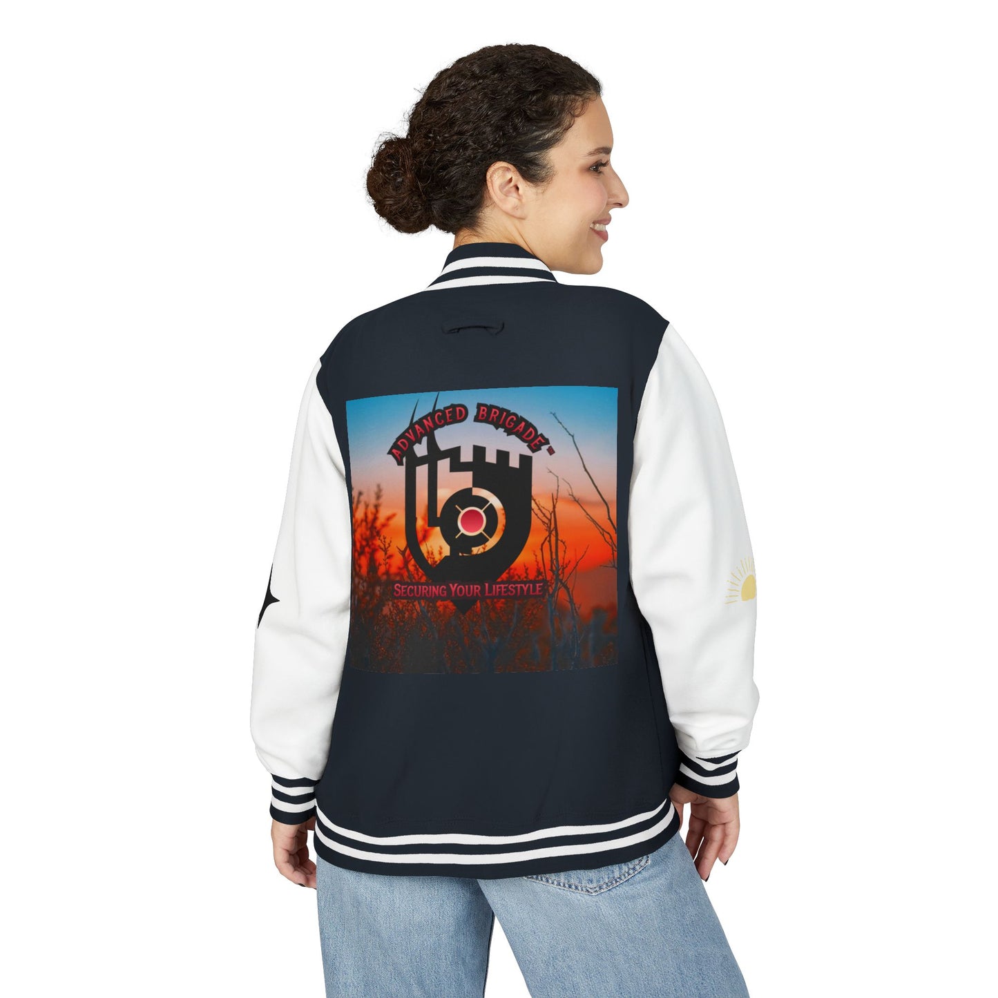 Letterman Jacket — Retro Sunset Shield Logo Varsity Jacket