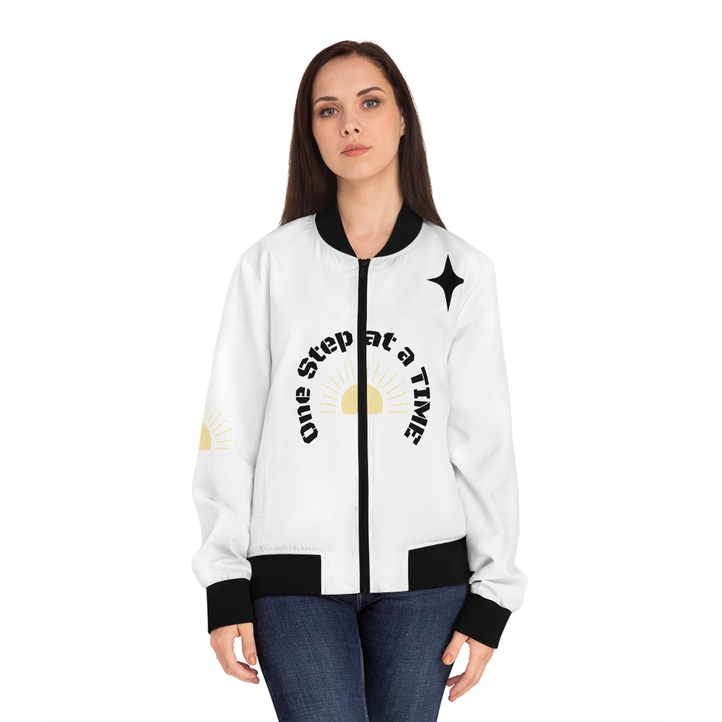 One Step at a Time Bomber Jacket — Sunrise Graphic Back Print