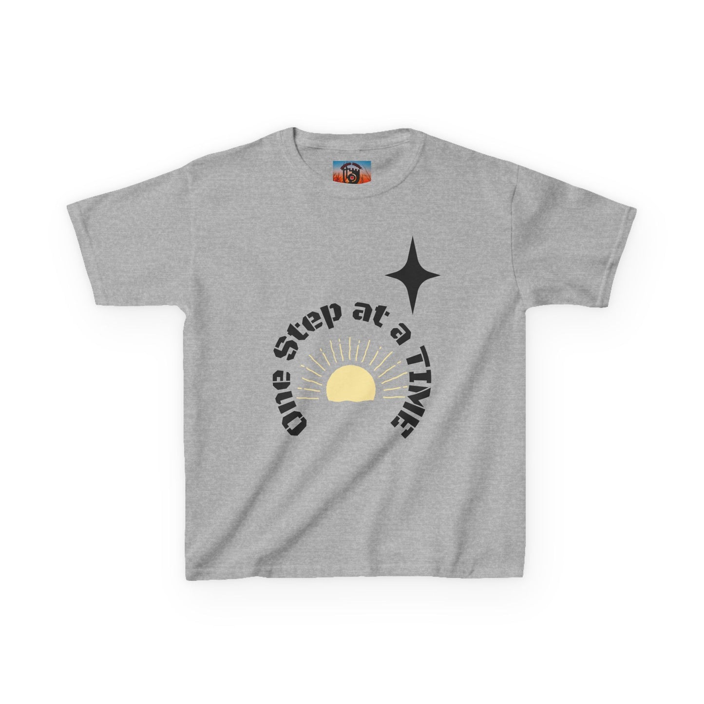 Kids Tee — “One Step at a Time” Sunrise Graphic (Positive Motivational Kids Shirt)