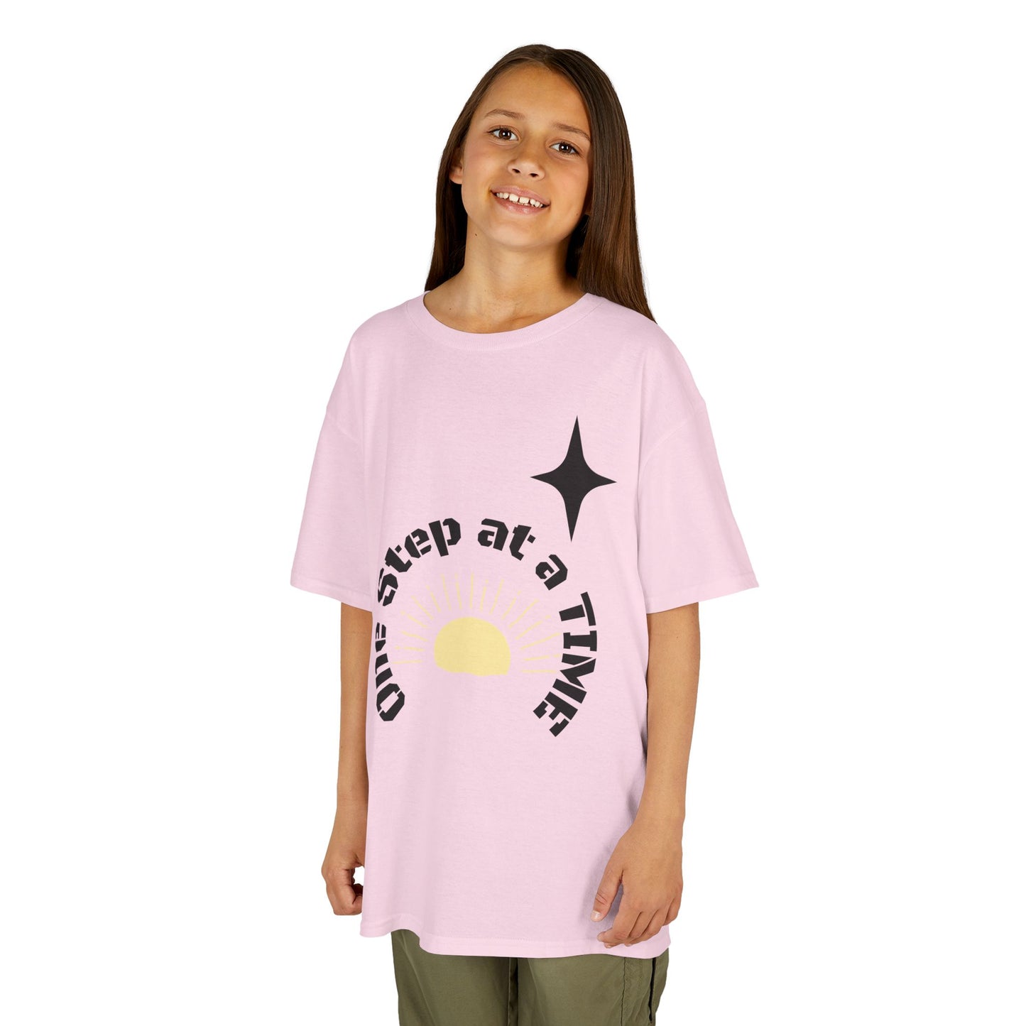 Kids Tee — “One Step at a Time” Sunrise Graphic (Positive Motivational Kids Shirt)