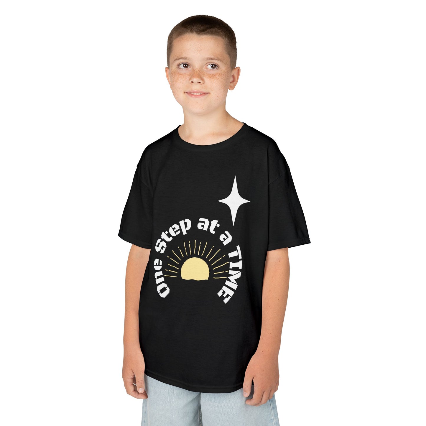 Kids Tee — “One Step at a Time” Sunrise Graphic (Positive Motivational Kids Shirt)