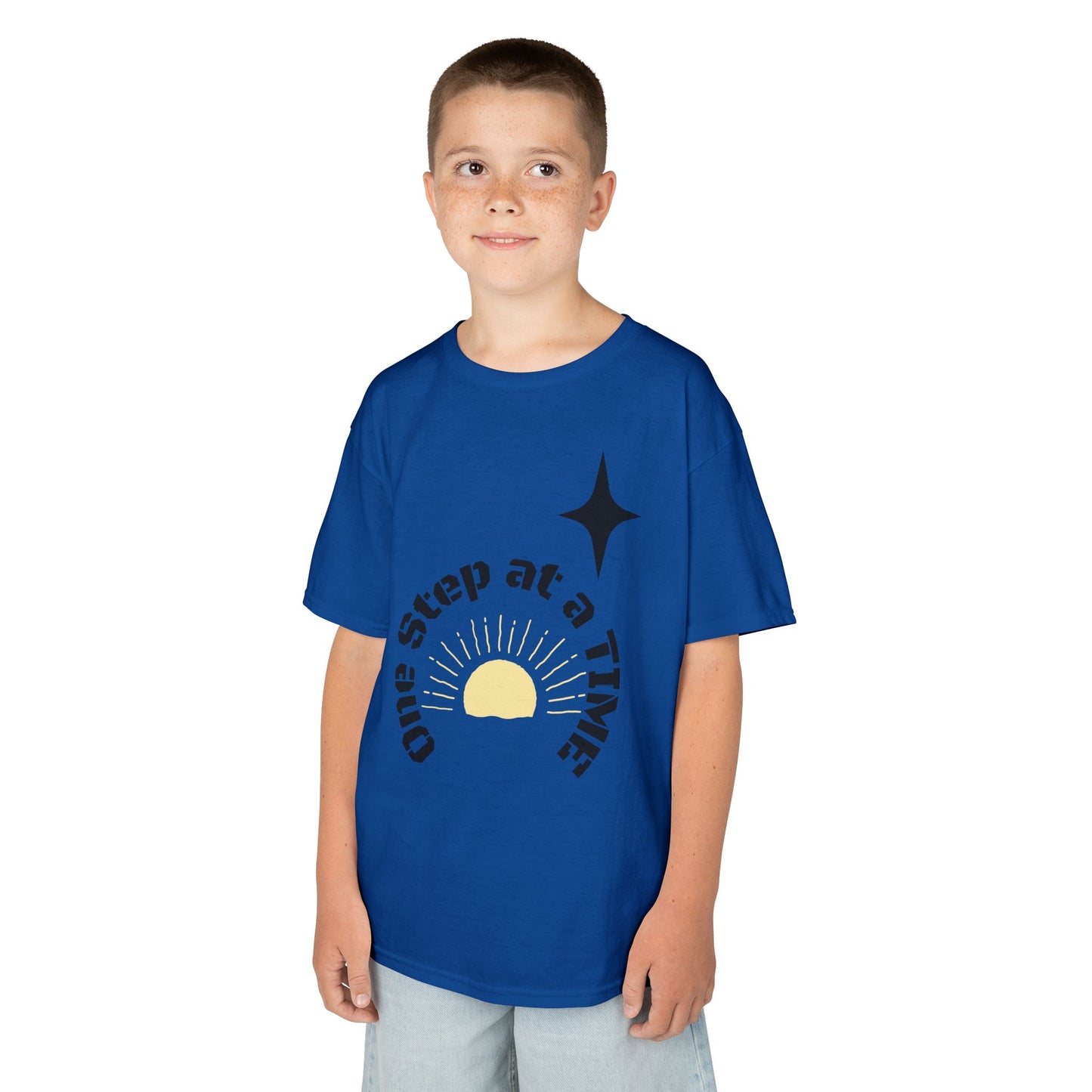 Kids Tee — “One Step at a Time” Sunrise Graphic (Positive Motivational Kids Shirt)