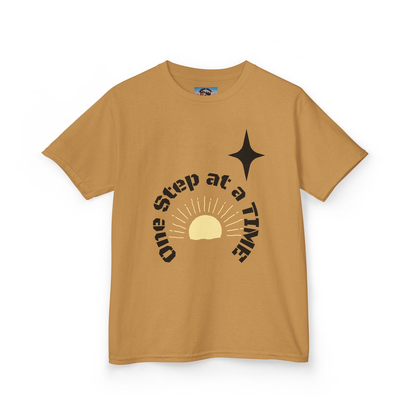 Kids Tee — “One Step at a Time” Sunrise Graphic (Positive Motivational Kids Shirt)