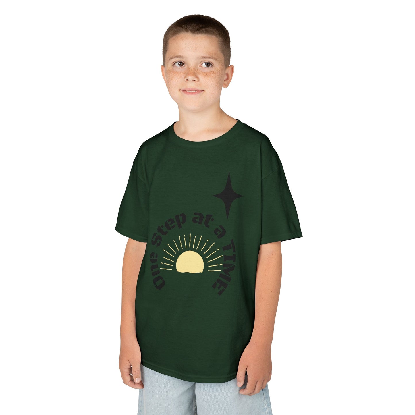 Kids Tee — “One Step at a Time” Sunrise Graphic (Positive Motivational Kids Shirt)
