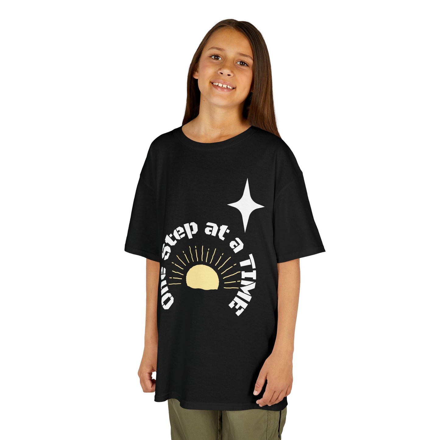 Kids Tee — “One Step at a Time” Sunrise Graphic (Positive Motivational Kids Shirt)