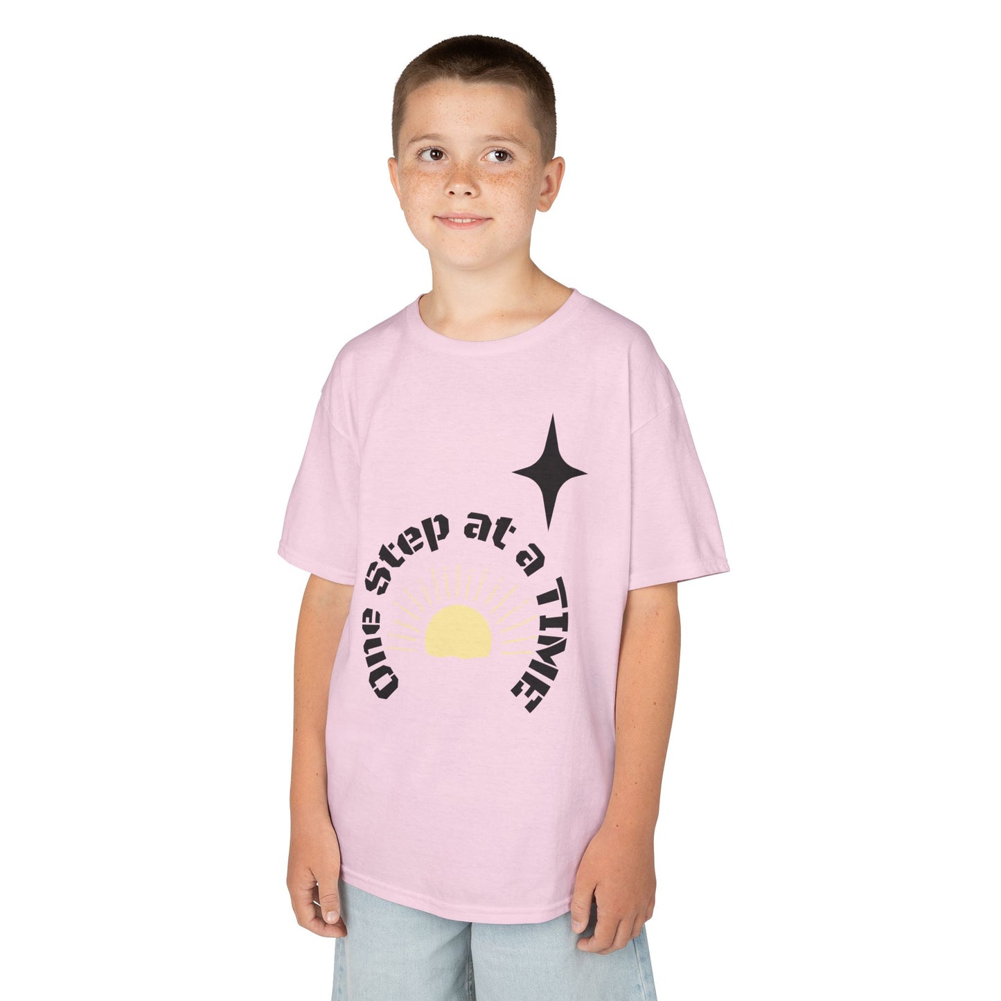 Kids Tee — “One Step at a Time” Sunrise Graphic (Positive Motivational Kids Shirt)