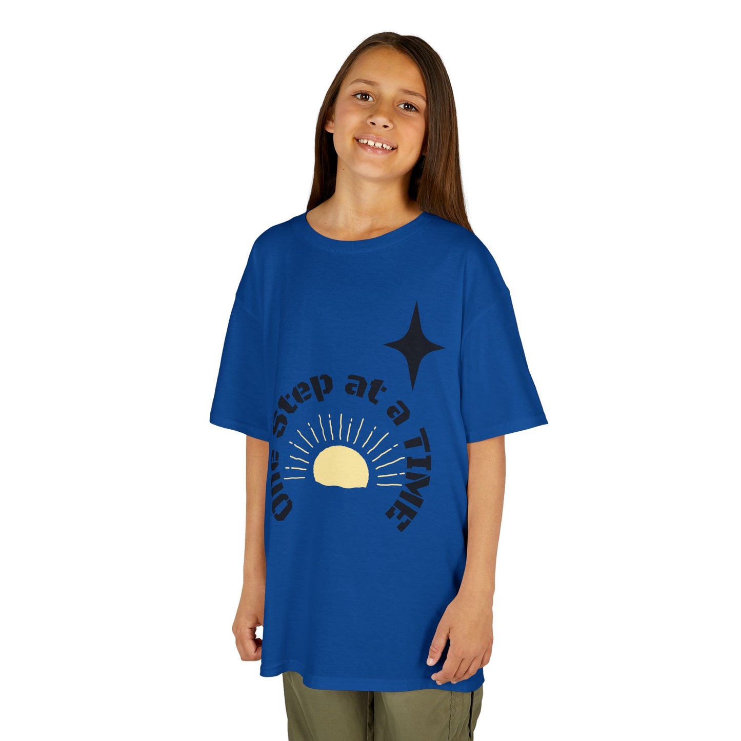 Kids Tee — “One Step at a Time” Sunrise Graphic (Positive Motivational Kids Shirt)