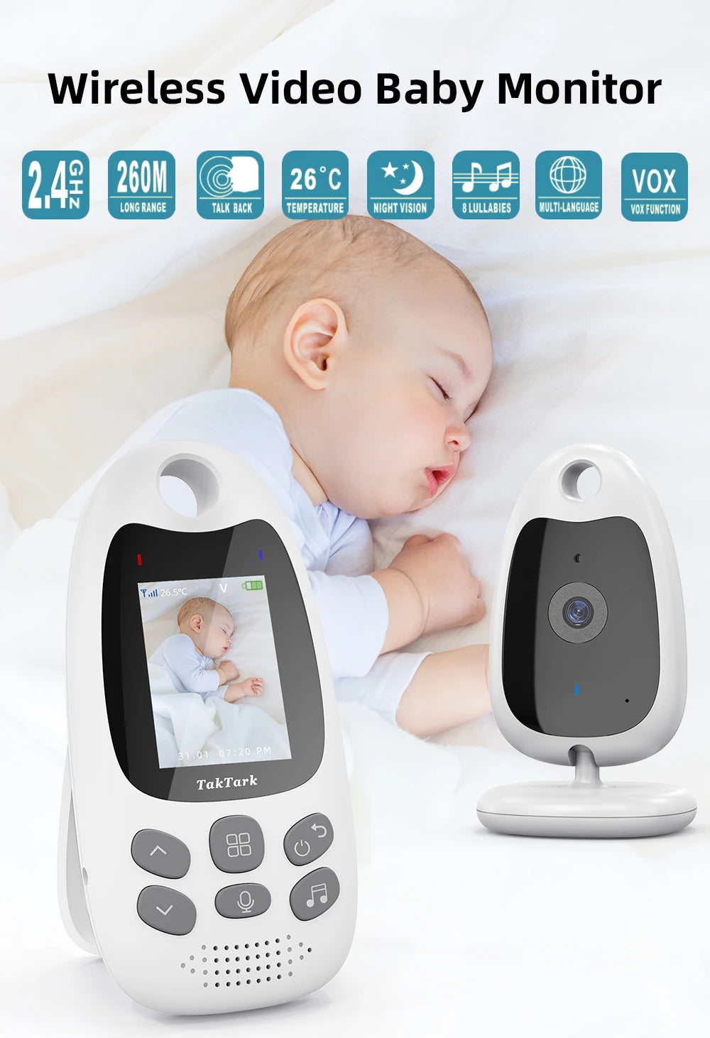 Wireless Video Baby Monitor 2.0 inch Color  Security Camera 2 Way Talk NightVision IR LED Temperature Monitoring with 8 Lullaby