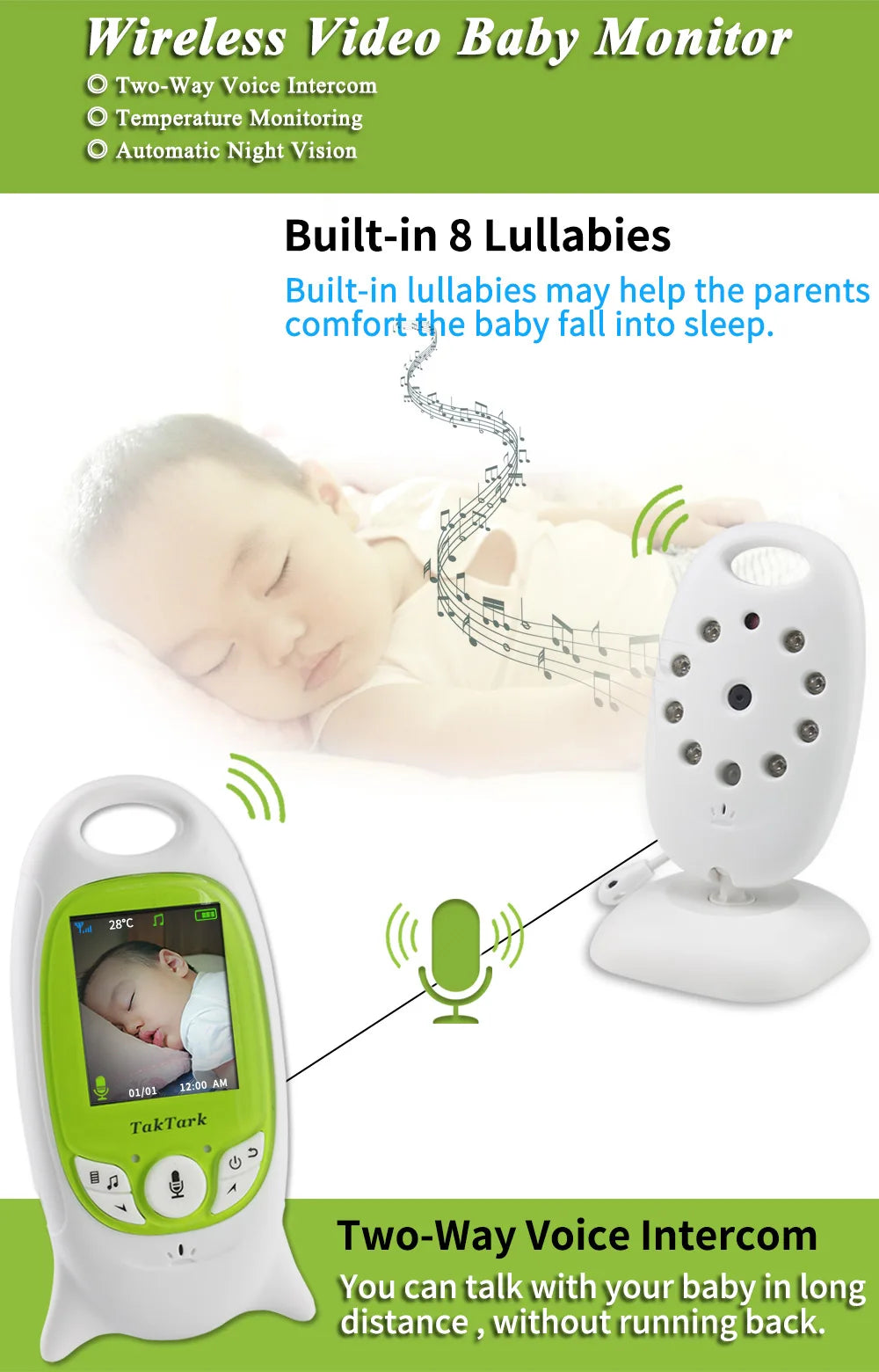 Wireless Video Baby Monitor 2.0 inch Color  Security Camera 2 Way Talk NightVision IR LED Temperature Monitoring with 8 Lullaby