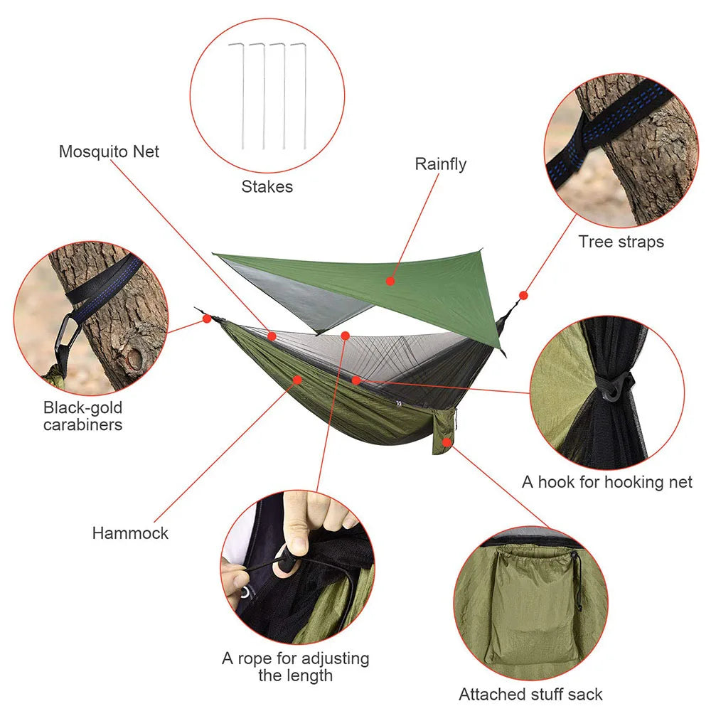Camping Hammock with Rain Fly Tarp and Mosquito Net Tent Tree Straps Portable Single Double Nylon Parachute Hammock for Travel
