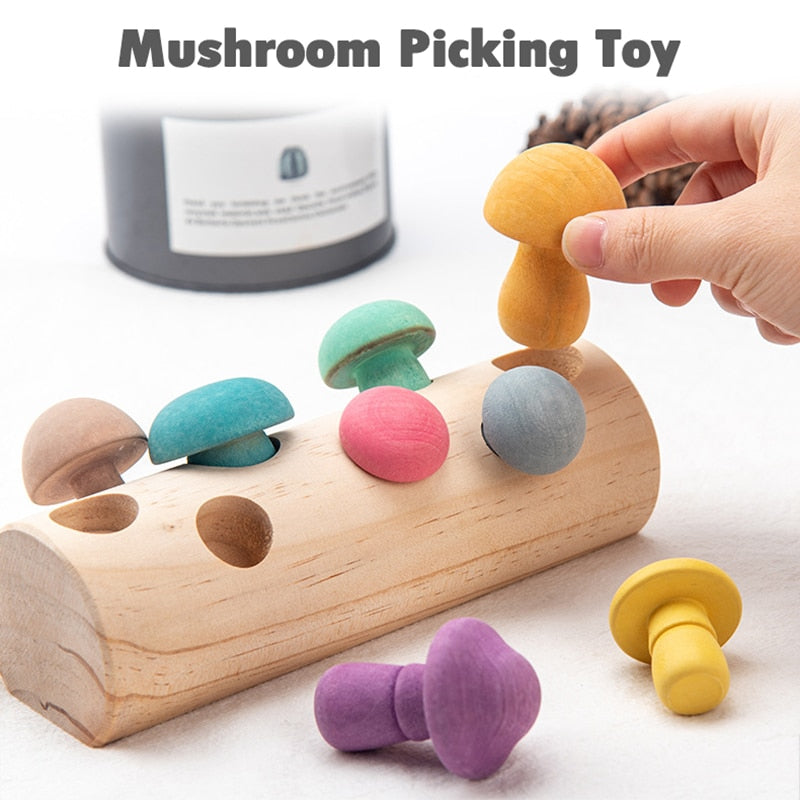 Montessori Wooden Rainbow Blocks Mushroom Picking Game