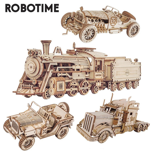 Robotime Puzzle Movable Steam Train, Car, Jeep Assembly